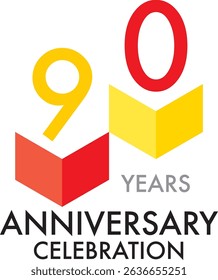 Comemorando o aniversário vermelho e amarelo número 90 em um fundo branco com a palavra ANIVERSÁRIO de anos celebração na parte inferior.