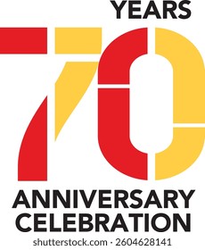 Celebrating Anniversary red and yellow colored number 70 on a white background with word Anniversary Celebration at the bottom.