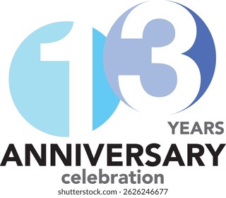 Celebrating Anniversary sky blue and blue colored white number 13 white color in circle shape on a white background with word YEARS ANNIVERSARY celebration.