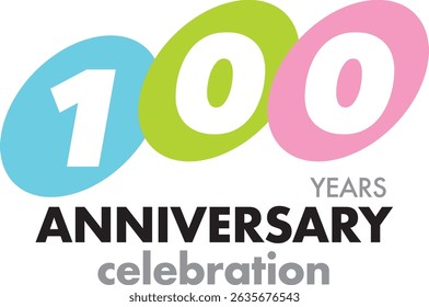 Celebrating Anniversary sky blue lime green and pink circle color number 100 on a white background with word YEARS ANNIVERSARY celebration at the bottom.