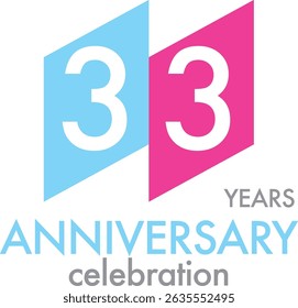 Celebrating Anniversary sky blue and pink color number 33 on a white background with word YEARS ANNIVERSARY celebration at the bottom.