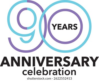 celebrating Anniversary sky blue and purple colored number 90 on a white background with word YEARS ANNIVERSARY celebration at the bottom.