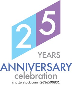 Celebrating Anniversary sky blue and purple square color number 25 on a white background with word YEARS ANNIVERSARY celebration at the bottom.