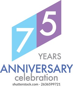 Celebrating Anniversary sky blue and purple square color number 75 on a white background with word YEARS ANNIVERSARY celebration at the bottom.