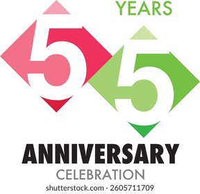 Celebrating Anniversary squares of pink and lime green colored number 55 on a white background with word Anniversary Celebration black color at the bottom.