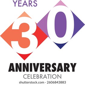 Celebrating Anniversary squares of red and purple colored number 30 on a white background with word Anniversary Celebration black color at the bottom.