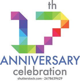 Celebrating Anniversary triangle multicolor number 17 on a white background with word th ANNIVERSARY celebration.