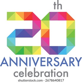 Celebración del triángulo multicolor del aniversario número 20 en un fondo blanco con la celebración del aniversario de la palabra.