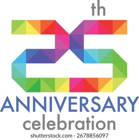 Comemorando o triângulo de aniversário multicolor número 25 em um fundo branco com a palavra a celebração ANIVERSÁRIO.