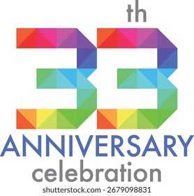 Celebrating Anniversary triangle multicolor number 33 on a white background with word th ANNIVERSARY celebration.