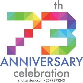 Celebración del triángulo multicolor del aniversario número 73 en un fondo blanco con la celebración del aniversario de la palabra.