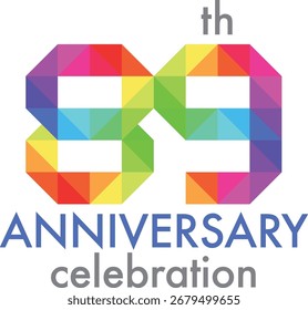 Celebrating Anniversary triangle multicolor number 89 on a white background with word th ANNIVERSARY celebration.