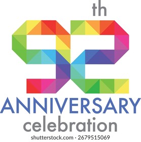 Celebrating Anniversary triangle multicolor number 92 on a white background with word th ANNIVERSARY celebration.