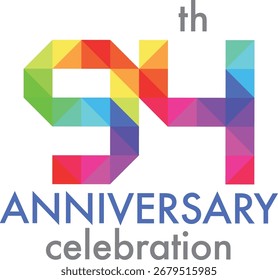 Celebración del triángulo del aniversario multicolor número 94 sobre un fondo blanco con la palabra celebración del aniversario.