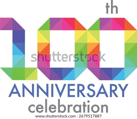 Celebrating Anniversary triangle multicolor number 100 on a white background with word th ANNIVERSARY celebration.