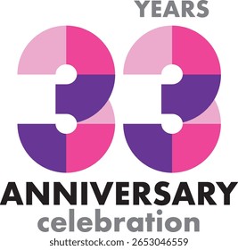Celebrating anniversary various color number 33 on a white background with word YEARS ANNIVERSARY celebration.
