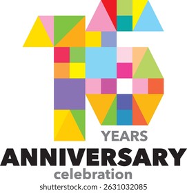 Celebrando o Aniversário de Casamento várias formas geométricas coloridas número 16 em um fundo branco com a palavra ANIVERSÁRIO de anos de celebração.
