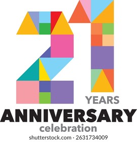 Celebrating Anniversary various geometric shapes colored number 21 on a white background with word YEARS ANNIVERSARY celebration.