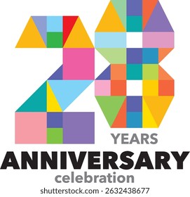 Celebrating Anniversary various geometric shapes colorful number 28 on a white background with word YEARS ANNIVERSARY celebration.