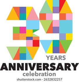 Celebrating Anniversary various geometric shapes colorful number 39 on a white background with word YEARS ANNIVERSARY celebration.