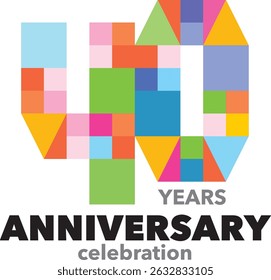 Comemorando o aniversário de várias formas geométricas colorido número 40 em um fundo branco com a palavra comemoração ANIVERSÁRIO DE ANOS.