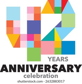 Celebrating Anniversary various geometric shapes colorful number 42 on a white background with word YEARS ANNIVERSARY celebration.