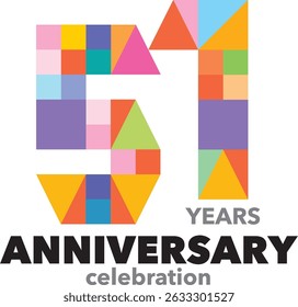 Celebrating Anniversary various geometric shapes colorful number 51 on a white background with word YEARS ANNIVERSARY celebration.