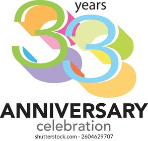 Celebrating Anniversary various pastel colored number 33 on a white background with word ANNIVERSARY celebration at the bottom.