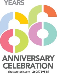 Celebrating Anniversary various pastel colored number 66 on a white background with word Anniversary Celebration at the bottom.