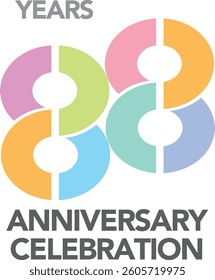 Celebrating Anniversary various pastel colored number 88 on a white background with word Anniversary Celebration at the bottom.