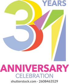 Celebrating Anniversary various pastel colored number 31 on a white background with word YEARS ANNIVERSARY CELEBRATION.