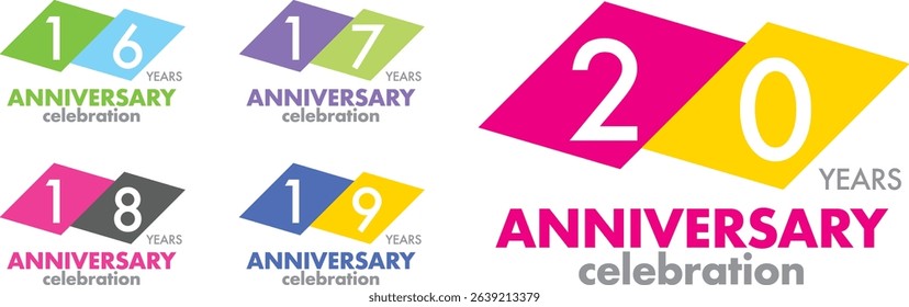 Celebrating Anniversary various square color number 16 17 18 19 20 on a white background with word YEARS ANNIVERSARY celebration at the bottom.