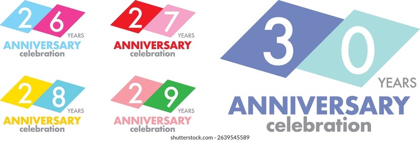 Celebrating Anniversary various square color number 26 27 28 29 30 on a white background with word YEARS ANNIVERSARY celebration at the bottom.