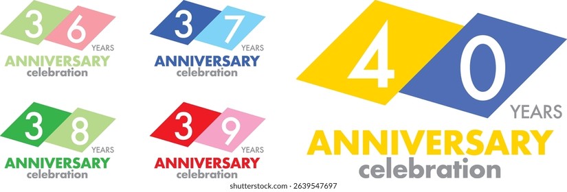 Celebrating Anniversary various square color number 36 37 38 39 40 on a white background with word YEARS ANNIVERSARY celebration at the bottom.