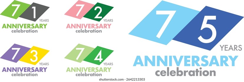 Celebrating Anniversary various square color number 71 72 73 74 75 on a white background with word YEARS ANNIVERSARY celebration at the bottom.