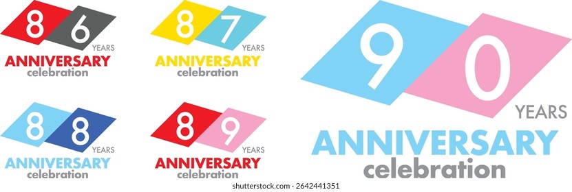 Comemorando o aniversário vários número de cor quadrada 86 87 88 89 90 em um fundo branco com a palavra ANOS ANIVERSÁRIO celebração na parte inferior.