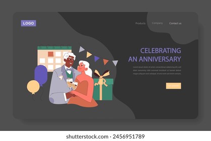 Celebrating an anniversary web or landing. Elderly couple toasting to another year of marriage, surrounded by balloons and gifts. Cherished moments together. Flat vector illustration