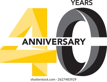 Comemorando o aniversário amarelo e preto número 40 em um fundo branco com a palavra ANIVERSÁRIO DE ANOS.