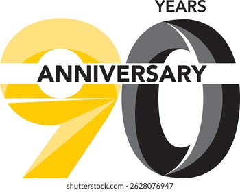 Celebrating Anniversary yellow and black color number 90 on a white background with word YEARS ANNIVERSARY.