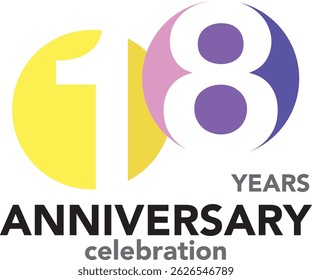 Celebrating Anniversary yellow and purple circle colored and number 18 white color  with word YEARS ANNIVERSARY celebration.