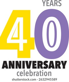 Comemorando o aniversário amarelo e roxo cor número 40 em um fundo branco com a palavra ANIVERSÁRIO comemoração.