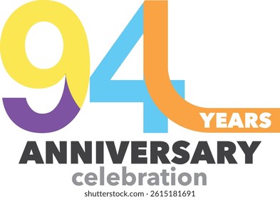 Celebrating Anniversary yellow purple orange and sky blue colored number 94 on a white background with word YEARS ANNIVERSARY celebration.