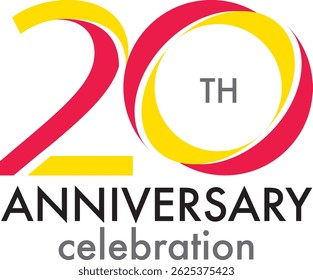 Celebrating Anniversary yellow and red colored number 20 on a white background with word TH ANNIVERSARY celebration.