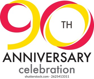 Celebrating Anniversary yellow and red colored number 90 on a white background with word TH ANNIVERSARY celebration.