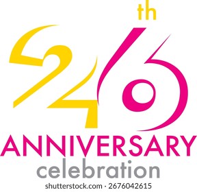 Celebrating Anniversary yellow and red colored number 26 on a white background with word th ANNIVERSARY celebration.