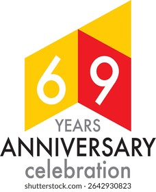 Celebrating Anniversary yellow and red square shape number 69 on a white background with word YEARS ANNIVERSARY celebration at the bottom.