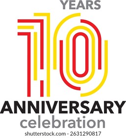 Celebrating Anniversary yellow and red stroke number 10 on a white background with word YEARS ANNIVERSARY celebration.