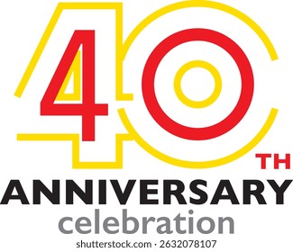 Celebrando o aniversário amarelo e vermelho traço número 40 em um fundo branco com a palavra TH comemoração ANIVERSÁRIO.