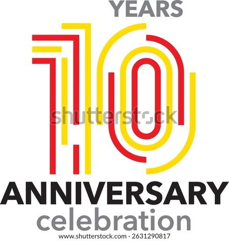 Celebrating Anniversary yellow and red stroke number 10 on a white background with word YEARS ANNIVERSARY celebration.