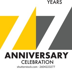 Celebrating Anniversary yellow and ygray colored number 77 on a white background with word Anniversary Celebration black color at the bottom.